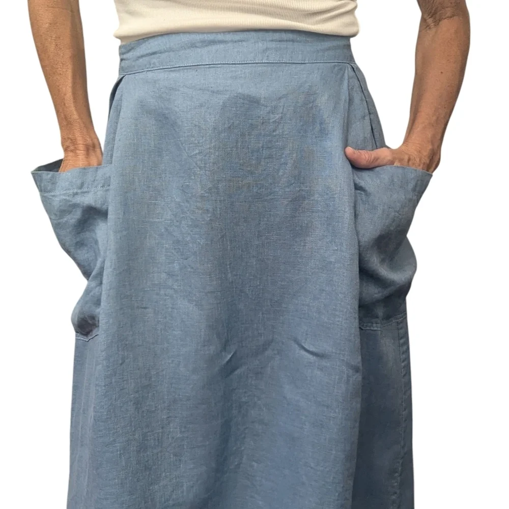 Lintico 100% Linen Blue Midi Skirt with Pockets Cottagecore Sz Small - Picture 5 of 9